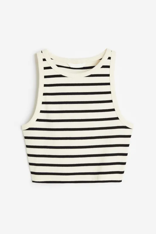 H & M - Cropped vest top - Cream/Black Striped made by H&M