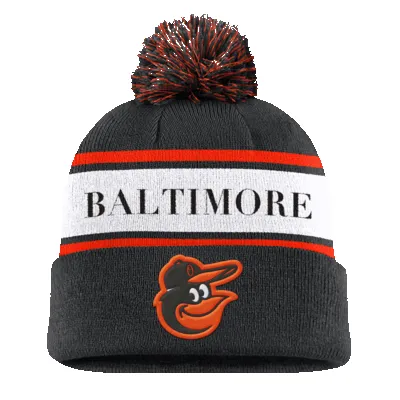 Baltimore Orioles Team Stripe Peak Men's Nike MLB Cuffed Pom Beanie sold by Nike
