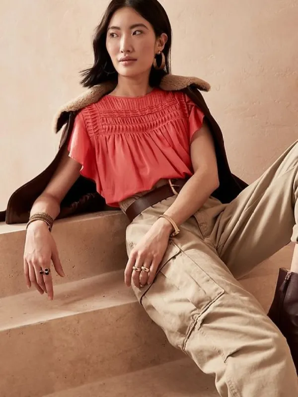 Pintuck Ruffle-Sleeve Top sold by Banana Republic
