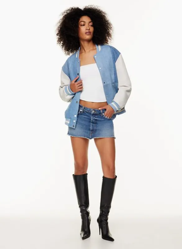 micro denim skirt sold by Aritzia