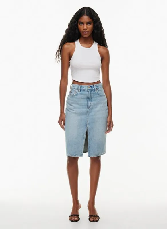 the ’90s pencil midi denim skirt sold by Aritzia