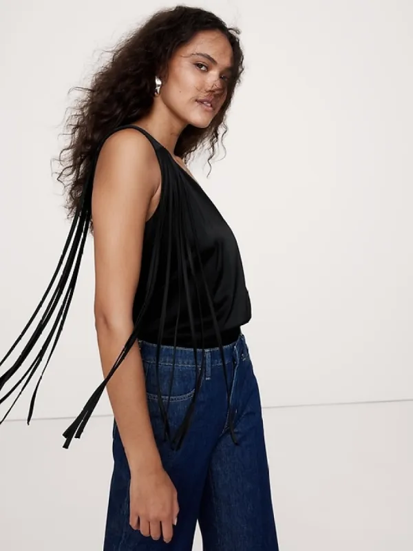 Satin One-Shoulder Fringe Top sold by Banana Republic