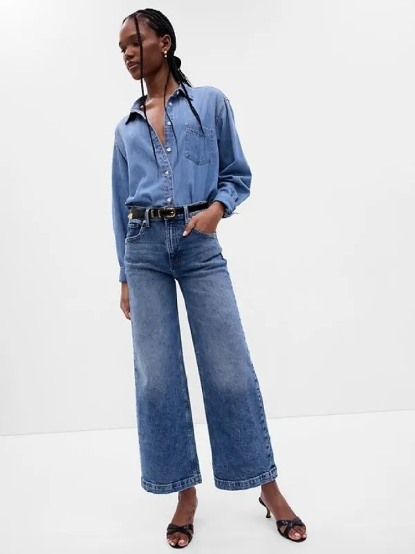 High Rise Stride Wide-Leg Ankle Jeans sold by GAP