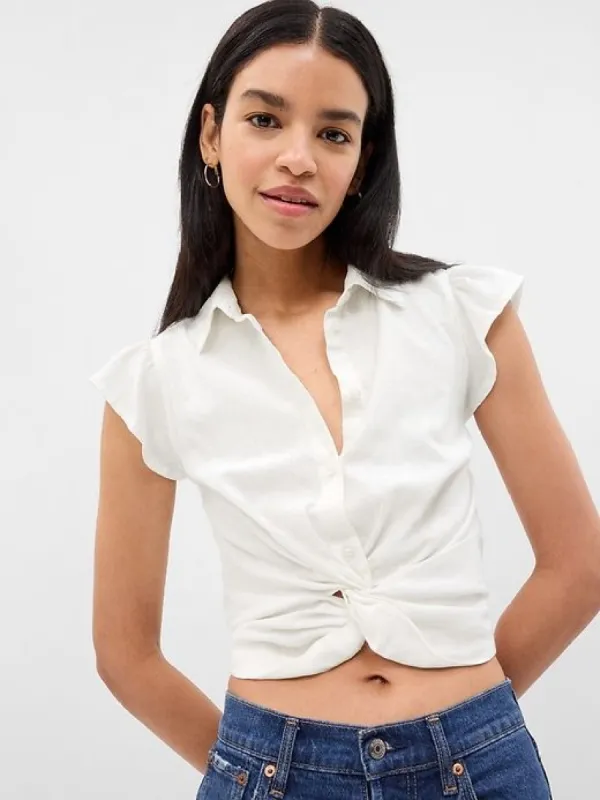 Linen-Blend Cropped Twist-Front Shirt sold by GAP
