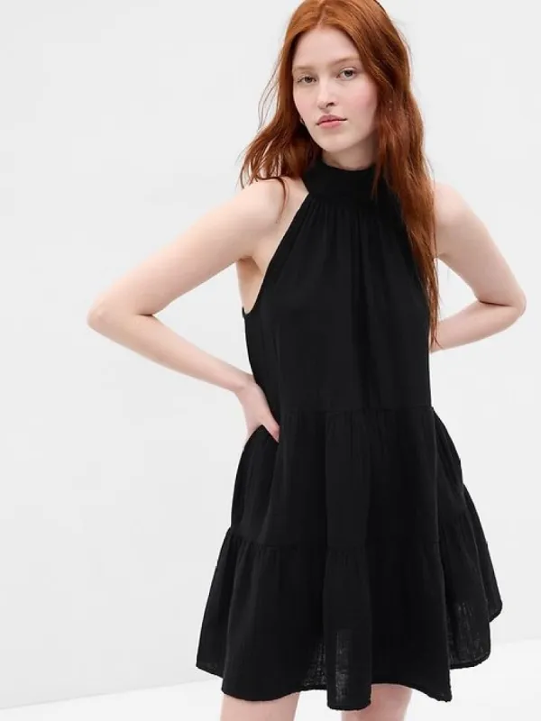 Crinkle Gauze Halter Tiered Mini Dress sold by GAP