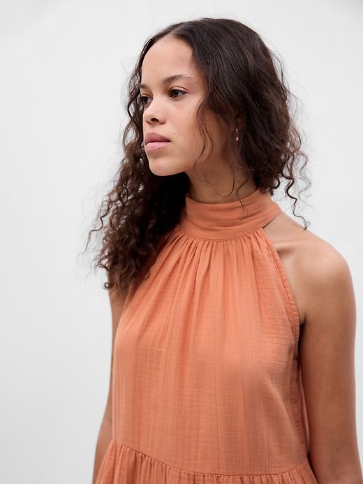Crinkle Gauze Halter Tiered Mini Dress sold by GAP product image thumbnail 4