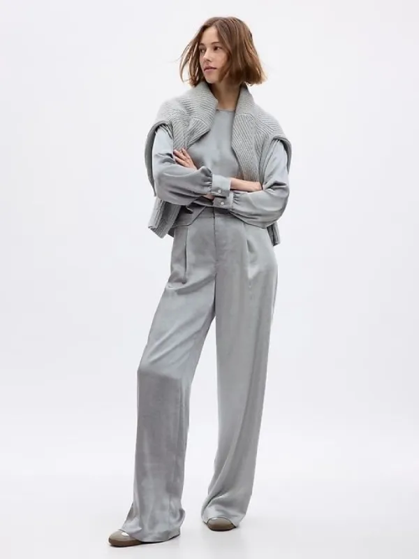 High Rise Pleated Satin Wide-Leg Trousers sold by GAP