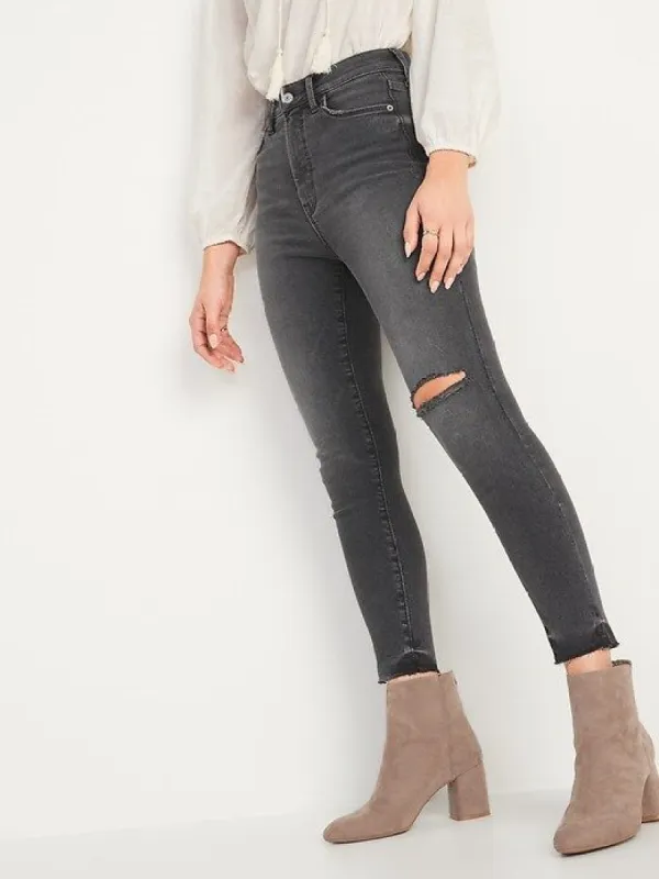 Extra High-Waisted Rockstar 360° Stretch Super Skinny Ripped Gray Cut-Off Ankle Jeans for Women sold by GAP