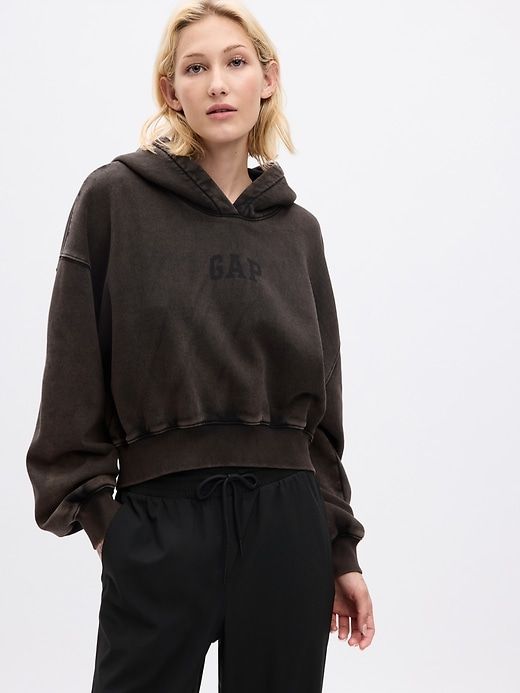 [ NERDY ]24FW★W'S VELVET ARCH LOGO CROP PULLOVER HOODIE SET Arch Logo Cropped Hoodie | Parallel