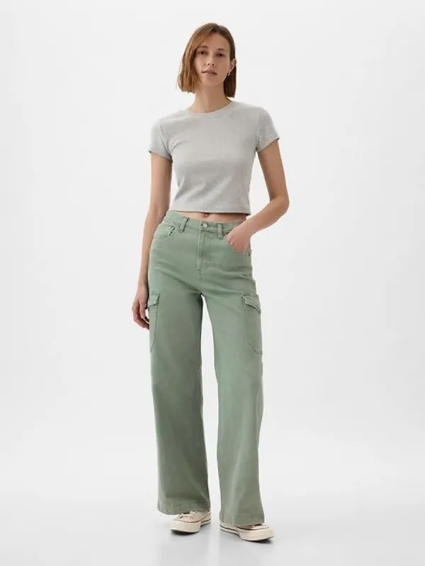 High Rise Stride Wide-Leg Cargo Ankle Jeans sold by GAP