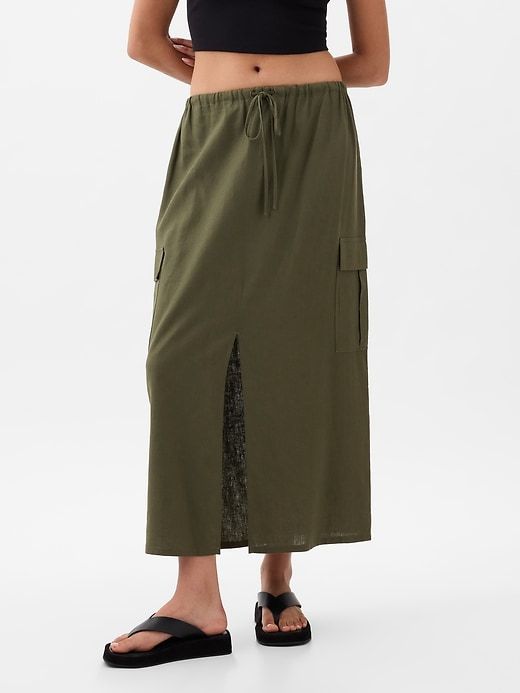 Linen-Blend Cargo Midi Skirt sold by GAP