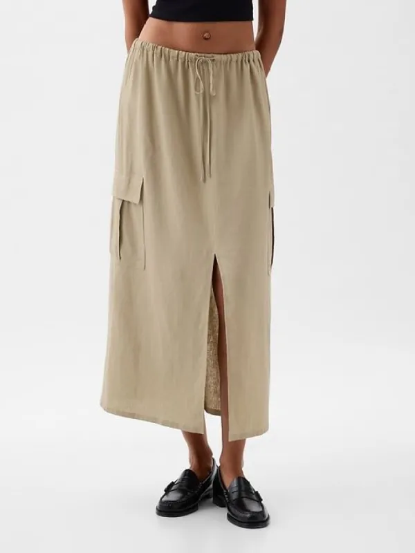 Linen-Blend Cargo Midi Skirt sold by GAP
