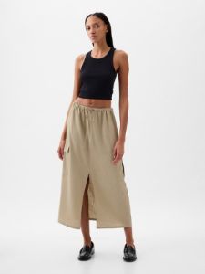 Linen-Blend Cargo Midi Skirt sold by GAP