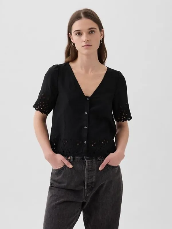 Linen-Blend Cropped Eyelet Shirt sold by GAP