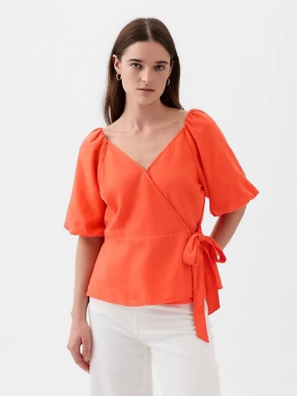 Linen-Blend Wrap Top sold by GAP