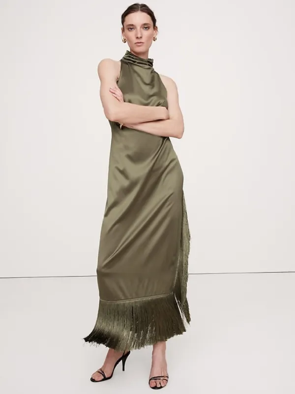 Fringe Satin Maxi Dress sold by Banana Republic