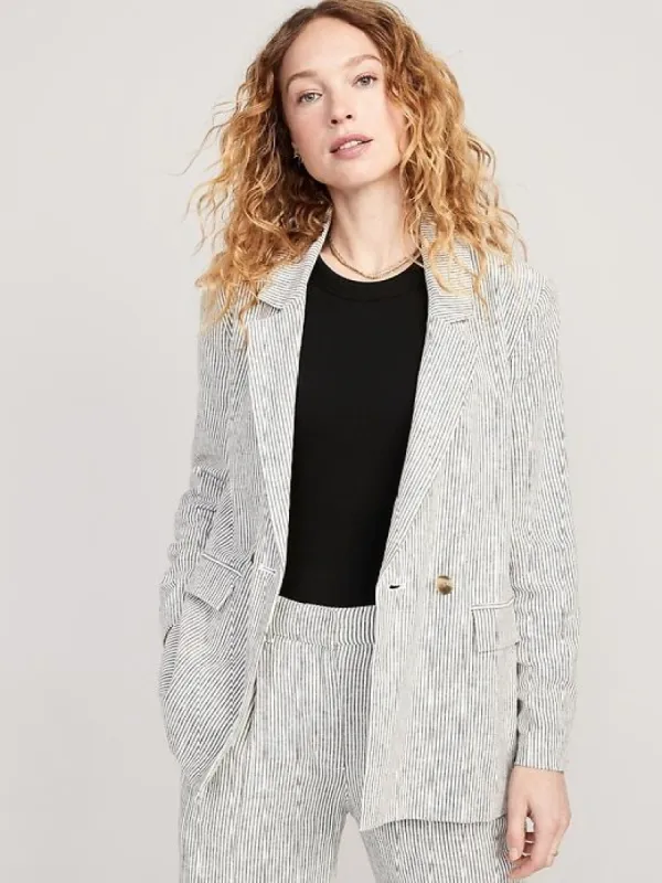 Striped Double-Breasted Linen-Blend Blazer for Women sold by GAP
