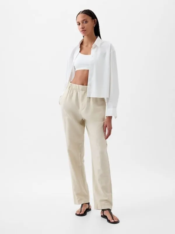 High Rise Linen-Cotton Pull-On Pants sold by GAP
