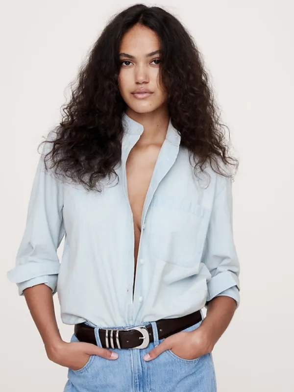 The Oversized Banded-Collar Denim Shirt sold by Banana Republic