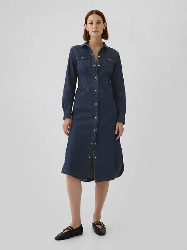 Western Pleated Denim Midi Dress sold by GAP