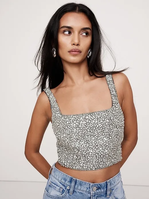Embellished Satin Square-Neck Cropped Tank sold by Banana Republic product image thumbnail 3