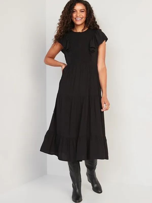 Fit & Flare Flutter-Sleeve Tiered Smocked Midi Dress for Women sold by GAP