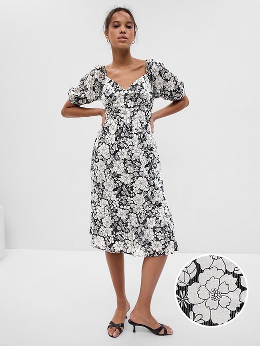 Puff Sleeve Metallic Floral Midi Dress sold by GAP