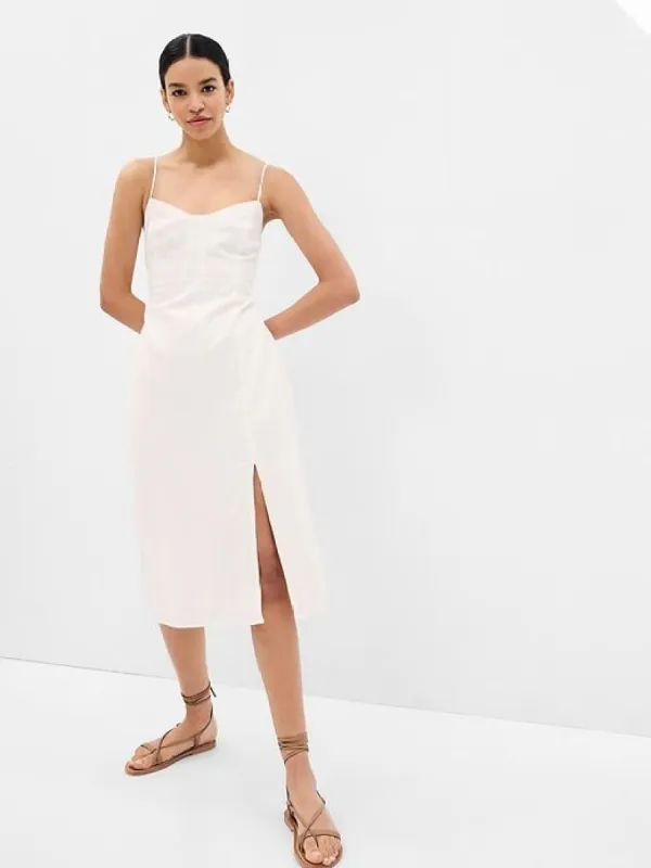 Linen-Blend Tie-Back Corset Midi Dress sold by GAP