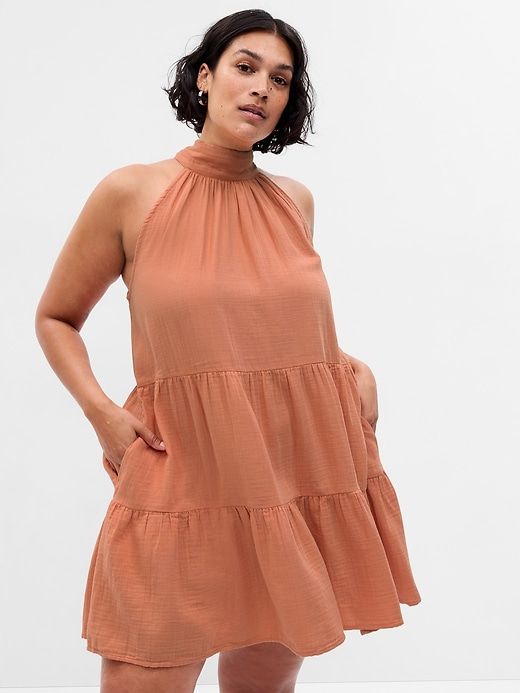 Crinkle Gauze Halter Tiered Mini Dress sold by GAP product image thumbnail 4