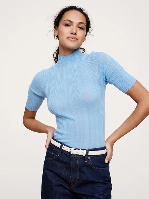 Ribbed Merino Mock-Neck Elbow-Sleeve Sweater sold by Banana Republic