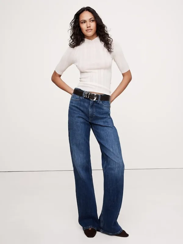 Ribbed Merino Mock-Neck Elbow-Sleeve Sweater sold by Banana Republic