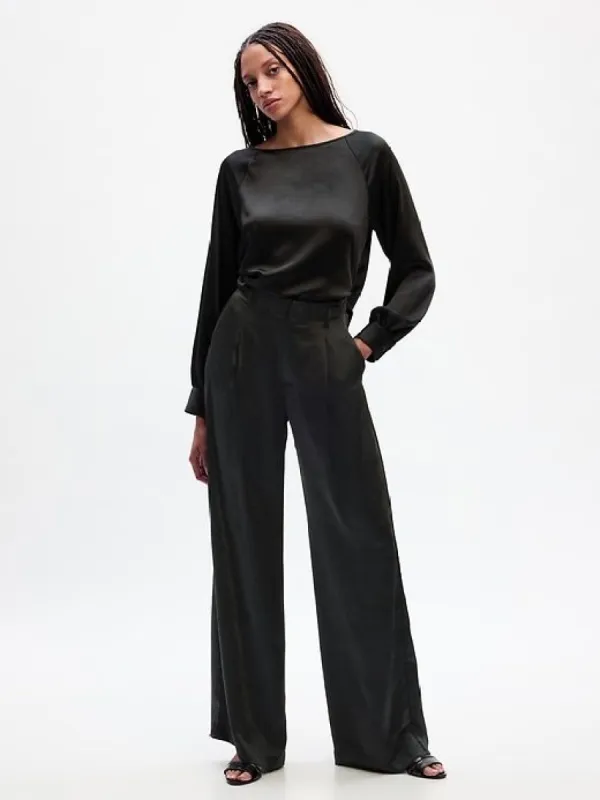 High Rise Pleated Satin Wide-Leg Trousers sold by GAP