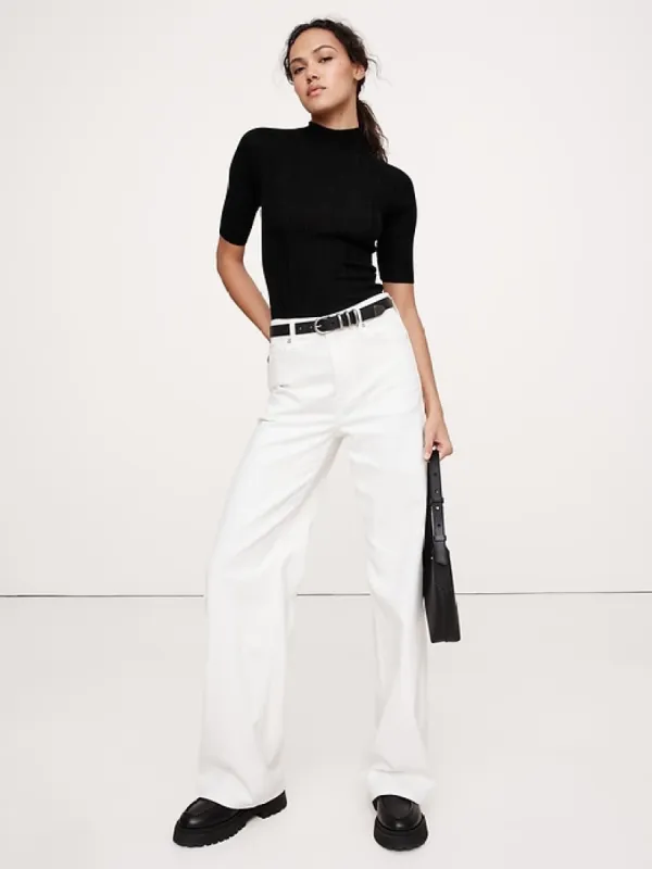 Ribbed Merino Mock-Neck Elbow-Sleeve Sweater sold by Banana Republic