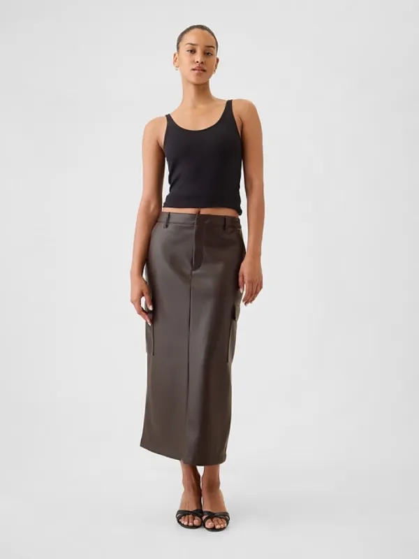 Vegan Leather Cargo Midi Skirt sold by GAP