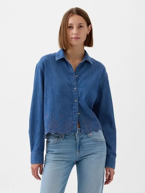 Eyelet Cropped Denim Shirt sold by GAP