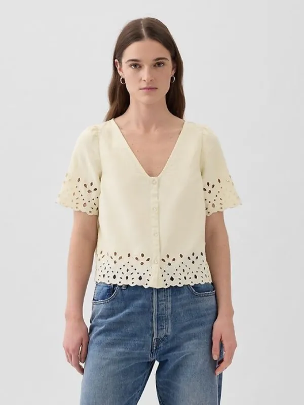 Linen-Blend Cropped Eyelet Shirt sold by GAP