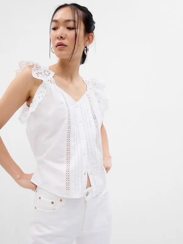 Ruffle Sleeve Eyelet Shirt sold by GAP