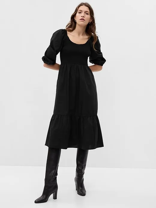 Puff Sleeve Smocked Midi Dress sold by GAP