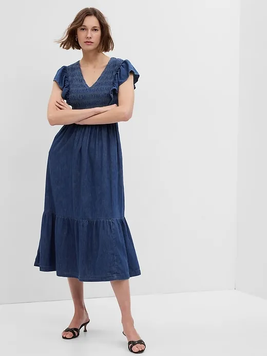Organic Cotton Denim Ruffle Sleeve Smocked Midi Dress sold by GAP