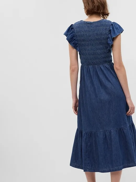 Organic Cotton Denim Ruffle Sleeve Smocked Midi Dress sold by GAP product image thumbnail 2