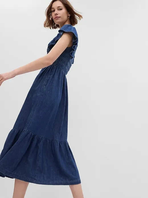 Organic Cotton Denim Ruffle Sleeve Smocked Midi Dress sold by GAP product image thumbnail 3