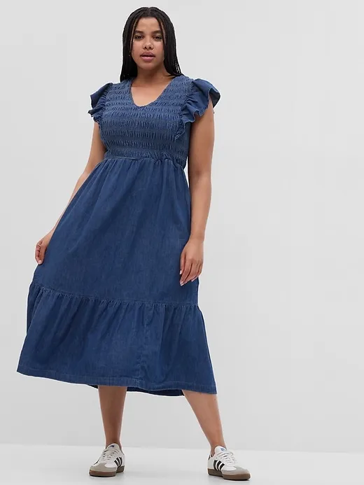 Organic Cotton Denim Ruffle Sleeve Smocked Midi Dress sold by GAP product image thumbnail 4