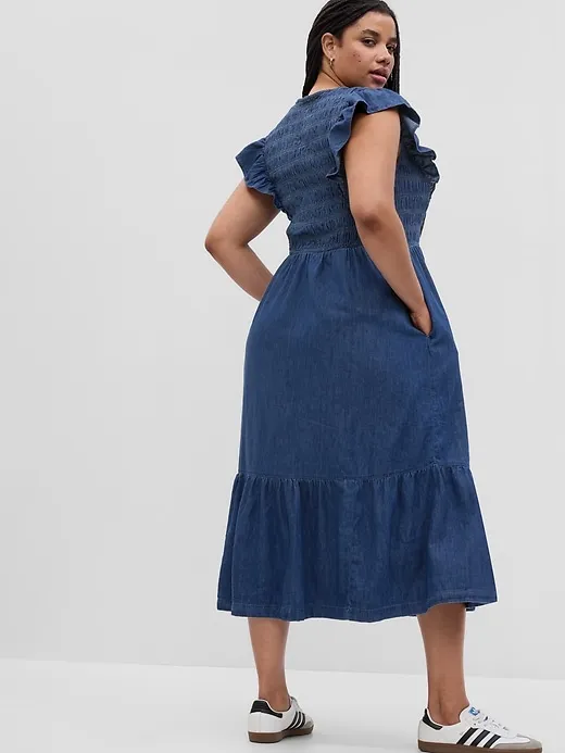 Organic Cotton Denim Ruffle Sleeve Smocked Midi Dress sold by GAP product image thumbnail 5