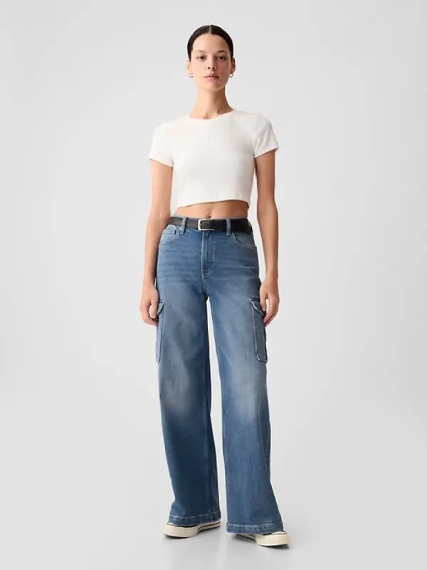 High Rise Stride Wide-Leg Cargo Jeans sold by GAP