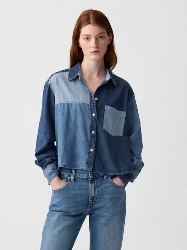 Cropped Patchwork Denim Shirt sold by GAP