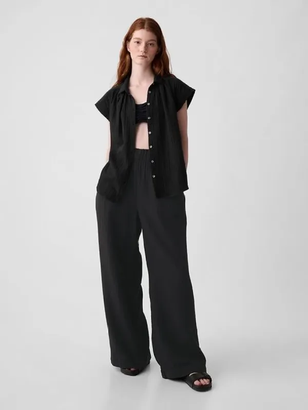 Mid Rise Crinkle Gauze Wide-Leg Pants sold by GAP