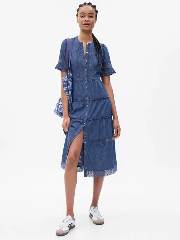 Gap × LoveShackFancy Denim Tiered Midi Dress sold by GAP