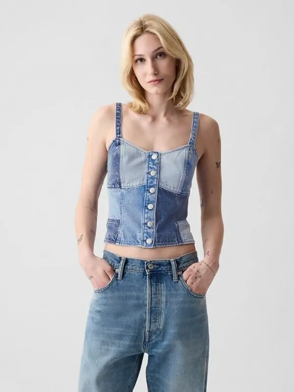 Patchwork Denim Corset Top sold by GAP