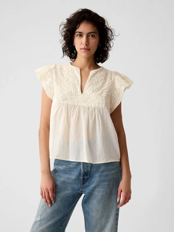 Crinkle Gauze Embroidered Cropped Shirt sold by GAP