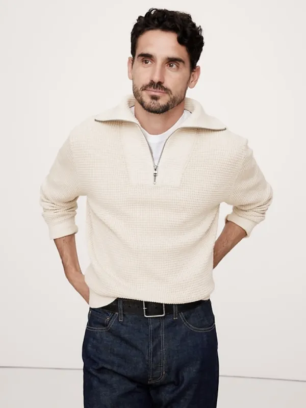 Cotton Waffle-Knit Half-Zip Sweater sold by Banana Republic